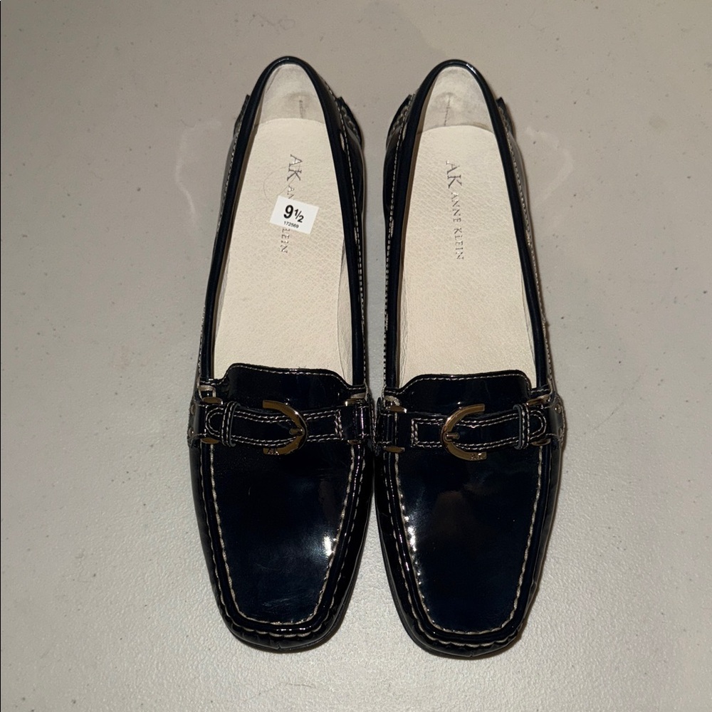 Anne Klein Glossy Black Flats with Buckle Detail